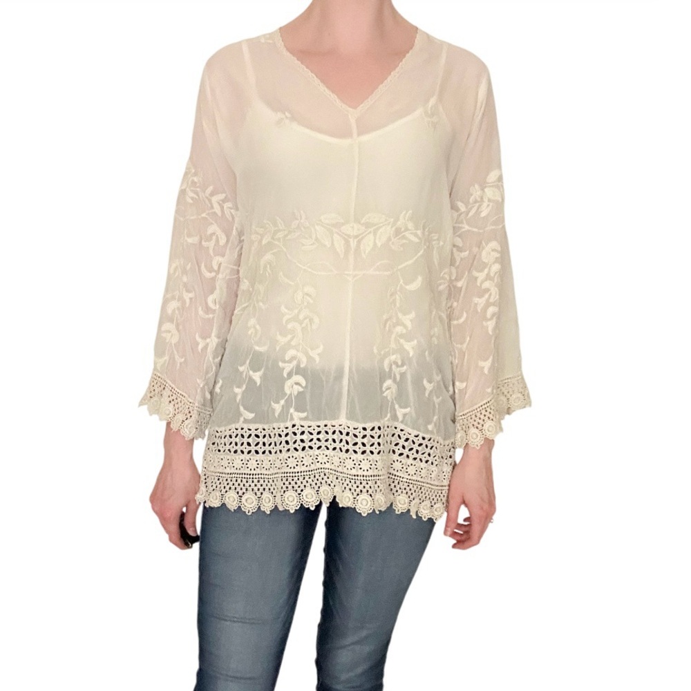 Johnny Was Cream Ivory Long Sleeve Shirt Boho Tunic Blouse Floral Lace Shirt - Picture 7 of 8